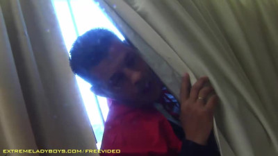 Redhead Asian shemale with string panties getting missionary fucked