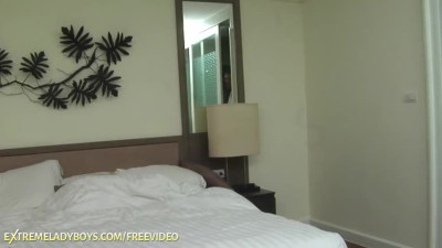 Small tits ladyboy in black bra getting fucked by a dude till facial