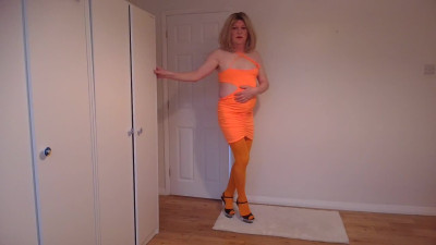 Orange dress and stockings with no panties on