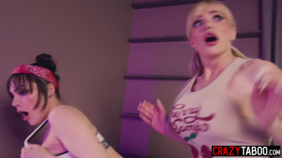 Teen enjoyed hardcore pussy rough fucking on sex swing with horny shemales