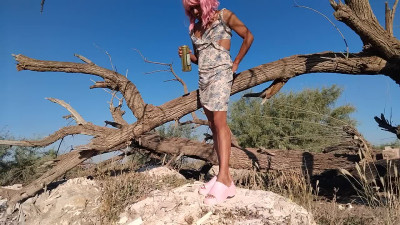 Cute doll in anal plug dress and sandals gets to her favorite trunk and masturbates delicious just