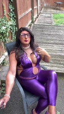 Sexy Crossdresser kellycd2022 in purple pvc catsuit and heels