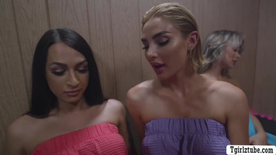 Watch this hot TS threesome in Sauna room