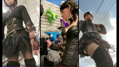Gothic Sissy Tranny Walking In Public with Dick Exposed Under Skirt and Butt Plug