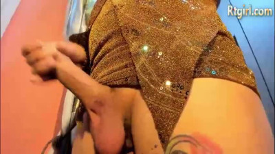 slim european tattooed tgirl with long legs jerks off her big cock