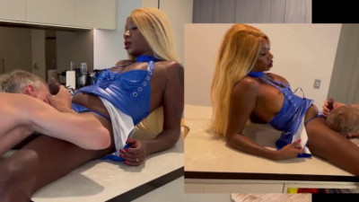 Shemale ebony bombshell tears apart a dude's asshole in the kitchen