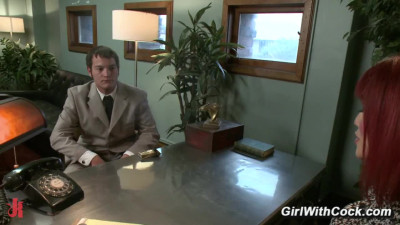An arrogant intern Mike J tries to bully the sexy shemale secretary Eva Lin