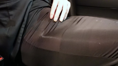 Cumshot in transparent dress with nylon condom