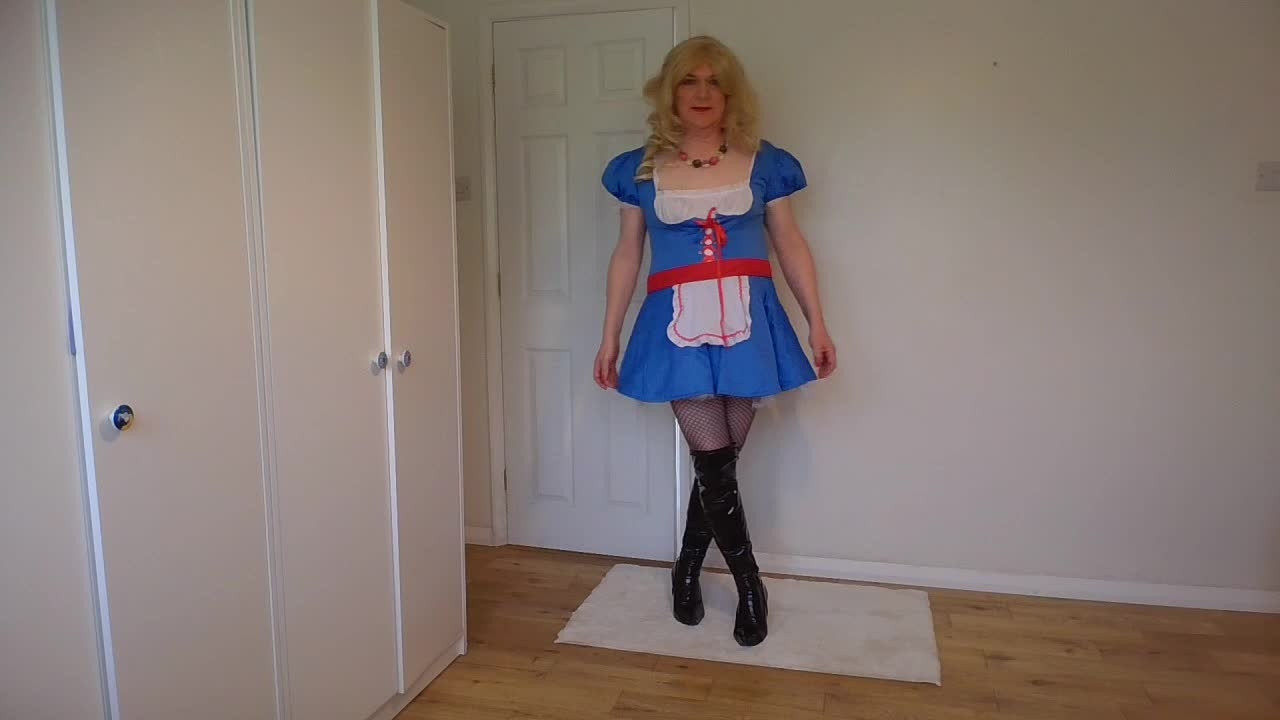Watch Stripping out of my blue costume in fishnets and no panties Shemale Porn Videos | TranSexBig.