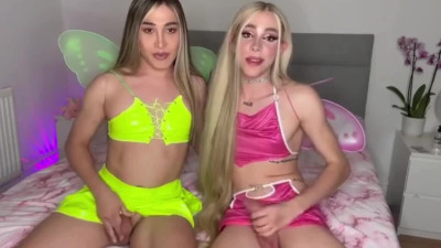 Shemale duo sucking and masturbate together