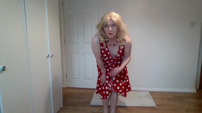 Blonde in a red polka dress and no panties