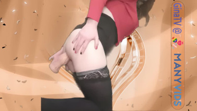 Tranny in red dress has fun on her monster dildo