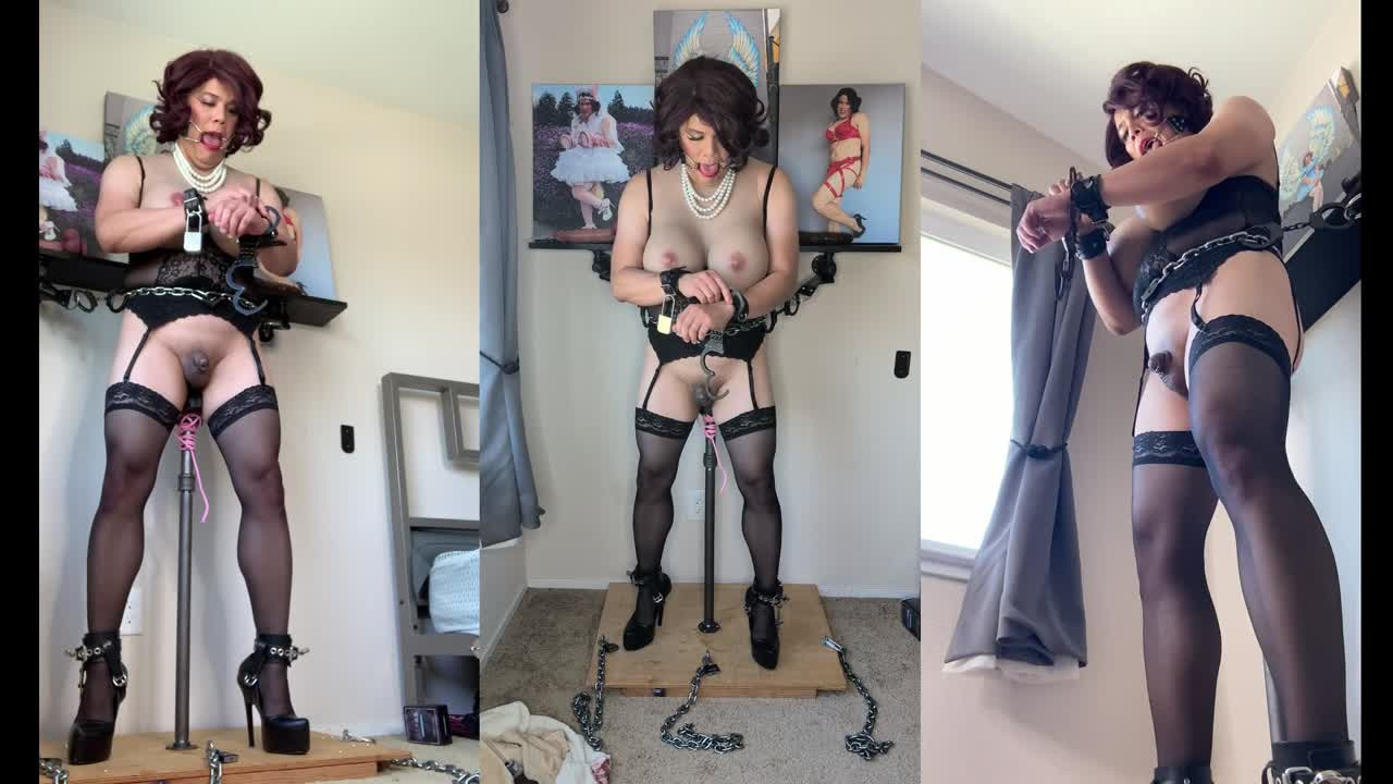 Watch Lingerie Sissy Candy Is Locked on Her Dildo Stand in Bondage and Cums with Vibrator Shemale Porn Videos | TranSexBig.