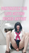 chinese sissy in school uniform caught masturbating with a dildo in public (sissy captions)