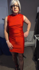 Tranny granny in red dress and heels