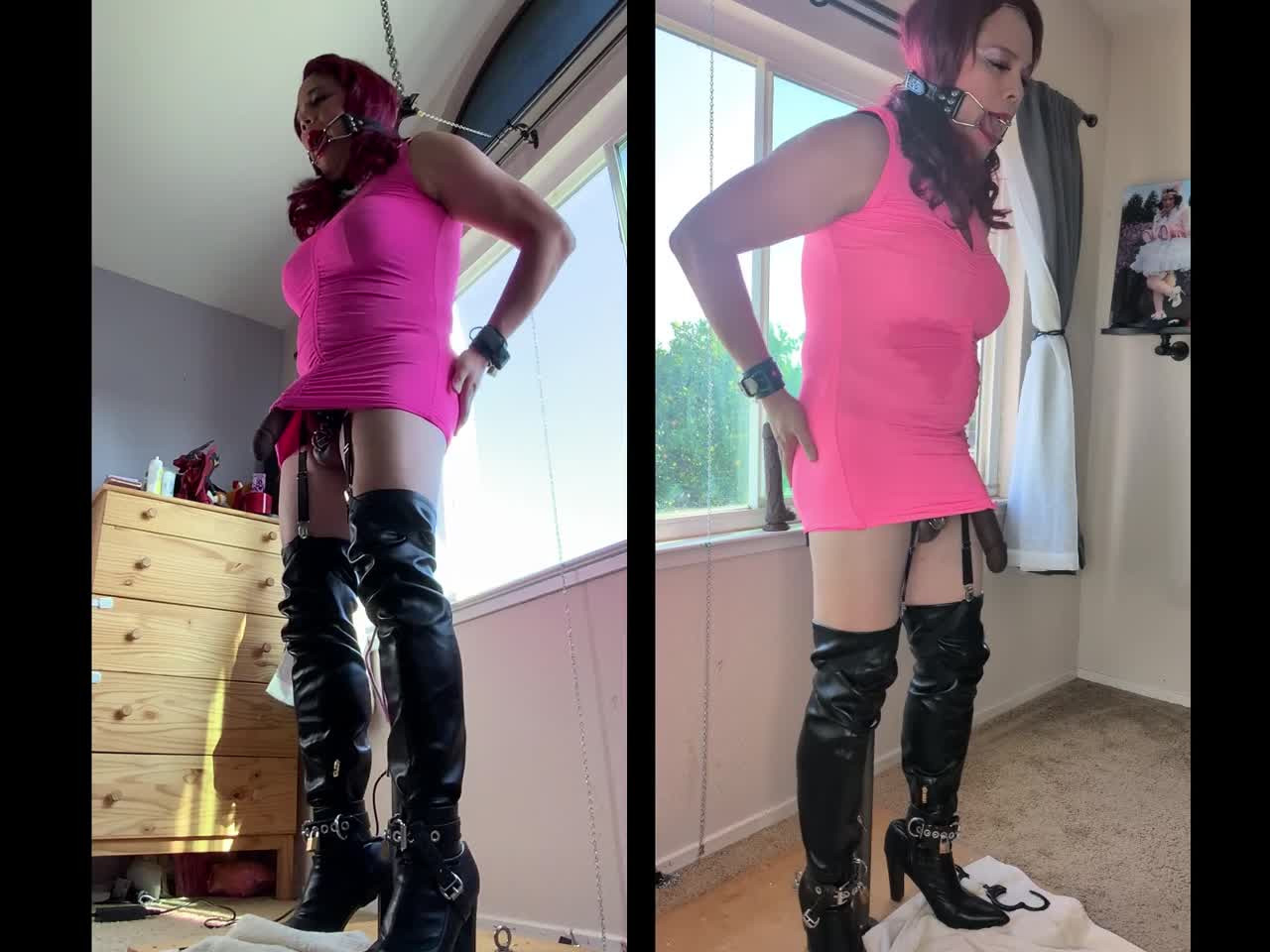 Watch Sissy Locked in Chastity and in Bondage on Her Post with a Huge Dildo Shemale Porn Videos | TranSexBig.