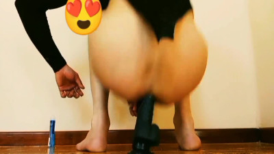 Femboy sissy riding black dildo.