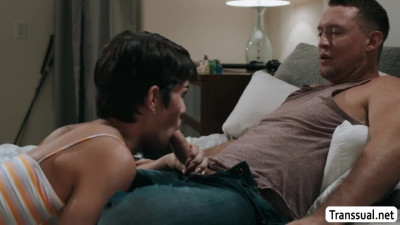 TS caught her friend jerking off and gives him a hand