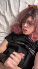 Nerdy teen shemale jerking off