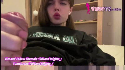 slim brunette tgirl in pantyhose pulls off her huge cock on webcam