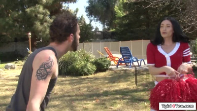 Trans cheerleader Penny Tyler is cock sucked and anal fucked