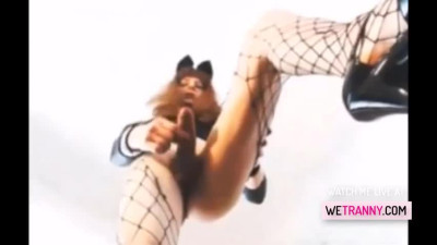 Hot trap sissy in fishnets cums on cam