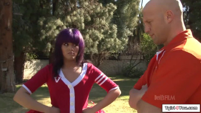 Asian trans cheerleader Dahlia Diamond anal fucked by coach