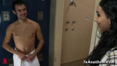 Shemale Honey catches college crush jerking off in locker room intense anal