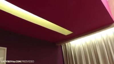 Brunette ladyboy in black dress strips and teases with her trimmed cock