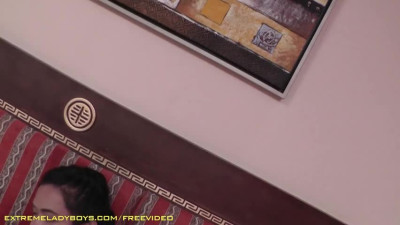 Tanned brunette ladyboy in black lingerie getting fucked by a stud