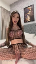 Beauty tattooed shemale cums