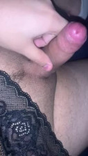 Chubby ts (me) plays with his dick and cums hard on her bed, do you like it?