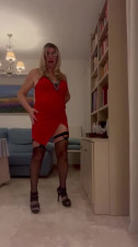 Daniela Monroe TV, red dress, cumshots, masturbation, high heels, lingerie, anal