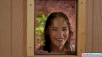 Lady fucked by shemales Emma Rose and Gracie Jane in sauna