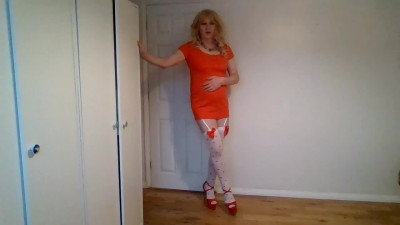 Blonde in red minidress and no panties
