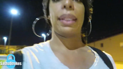 Stroking her big cock and busting a nut in a parking garage