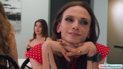 Trans Kasey Kei sucks and anal barebacked by group of tgirls