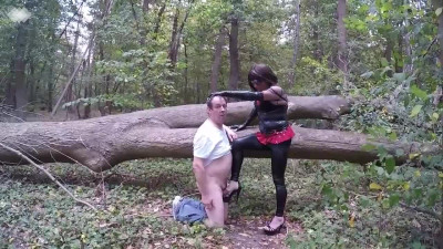 Slave suck man cock for her mistress outdoor