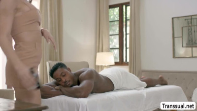 Horny shemale masseuse throats and rides the BBC of client