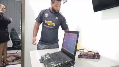 Tattooed thick shemale helps a dude with his laptop and fucked