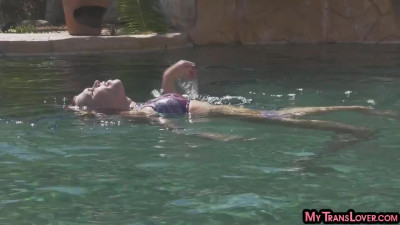 Smallboobs TS MILF assfucked outdoor by the swimming pool