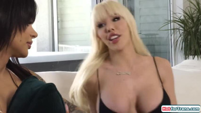 Busty shemales invite a big tits blonde over for a threesome