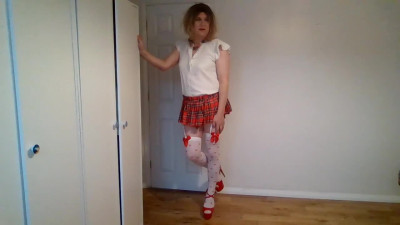 Miniskirt with red and white stockings
