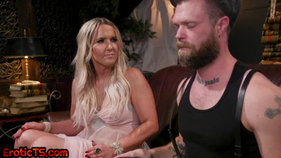 Smallcock TS domina cums in mouth of barebacked bottom
