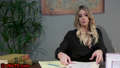 Deepthroat loving TS secretary enjoys 69 with boss in office