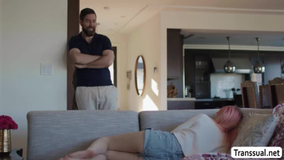 Bearded stepdad rimjob and analed busty pink haired shemale