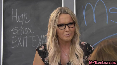 Busty TS teacher fucked by student in college classroom