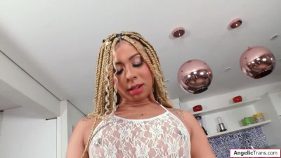 Latina tgirl Larissa Olympio gets her cock sucked by a guy